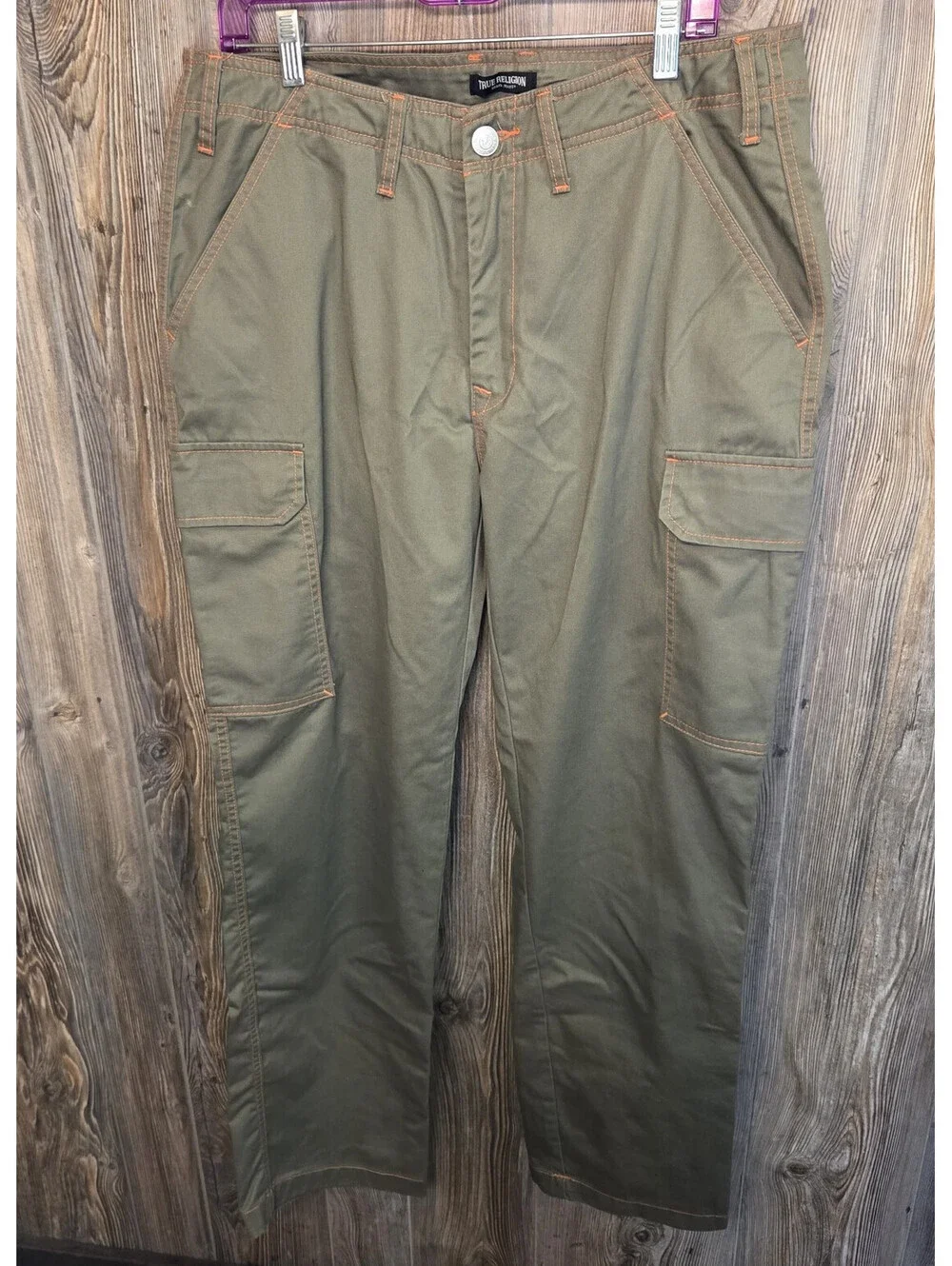 True Religion Brand Jeans Olive Green w/ Orange Contrast Cargo Pants Size 34x32